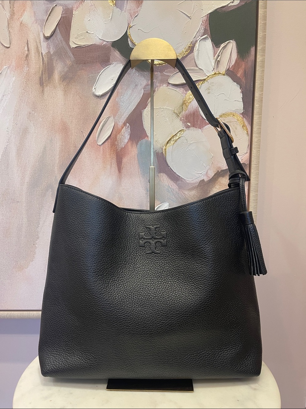 Tory Burch Black Pebbled Leather Shoulder Hobo with Tassels